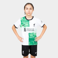 Thumbnail for Liverpool Kids Kit Away Season 23/24 Designed By Mitani Store , Regular Fit Jersey Short Sleeves And Round Neck Collar In White And Green Patterns Color