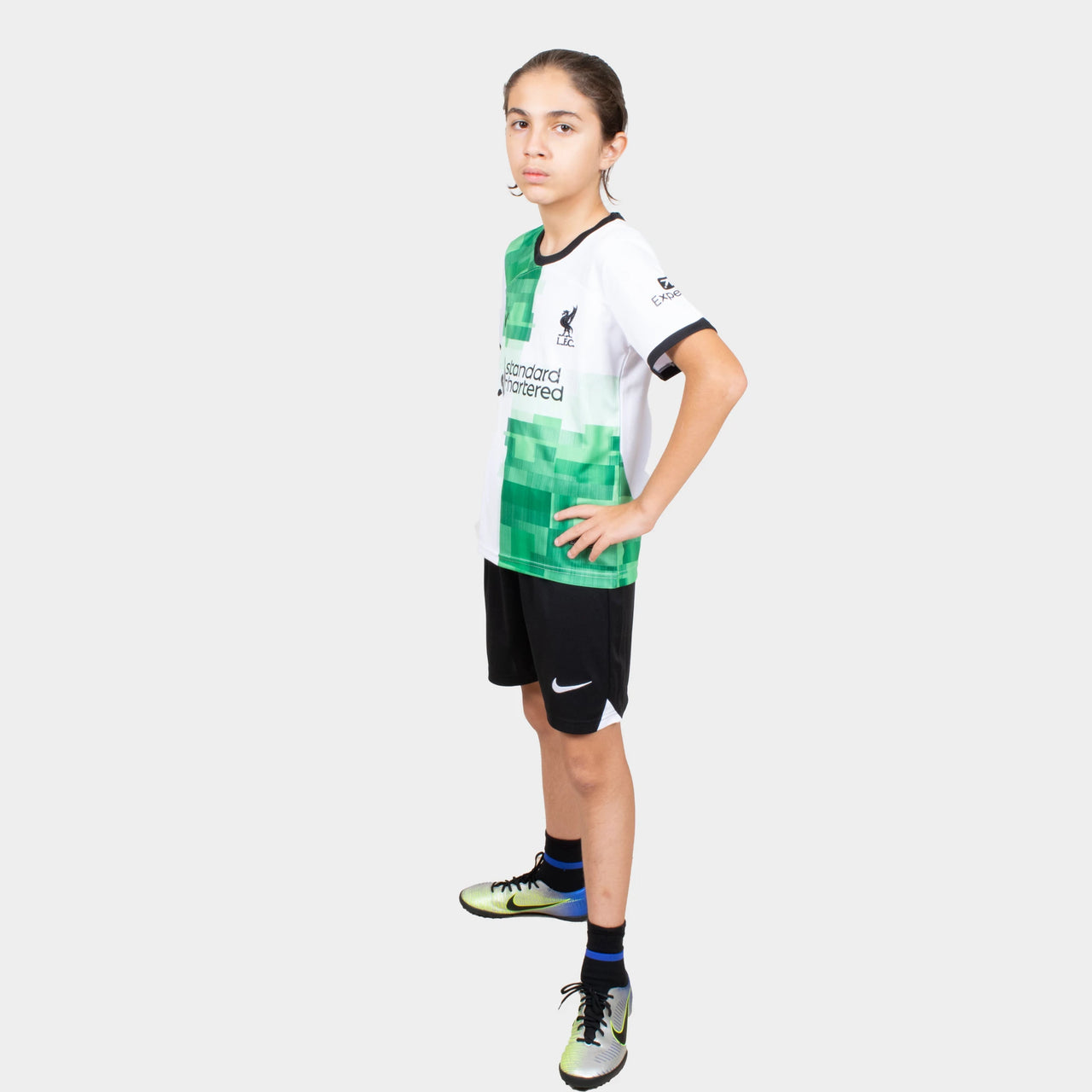 Liverpool Kids Kit Away Season 23/24 Designed By Mitani Store , Regular Fit Jersey Short Sleeves And Round Neck Collar In White And Green Patterns Color