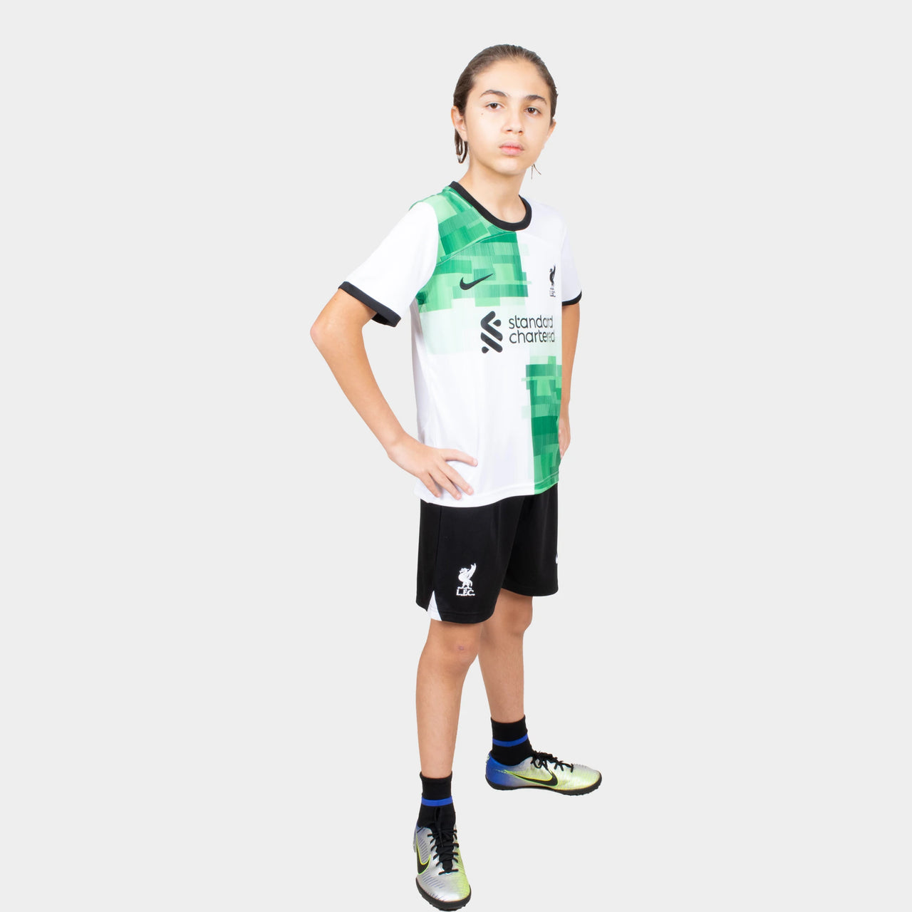 Liverpool Kids Kit Away Season 23/24 Designed By Mitani Store , Regular Fit Jersey Short Sleeves And Round Neck Collar In White And Green Patterns Color