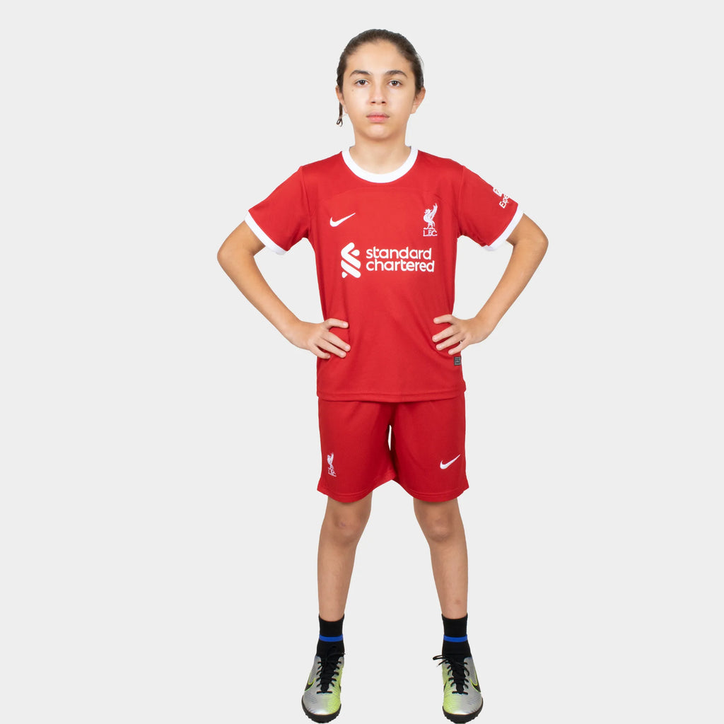 Liverpool Kids Kit Home Season 23/24 Designed By Mitani Store , Regular Fit Jersey Short Sleeves And Round Neck Collar In Red Color