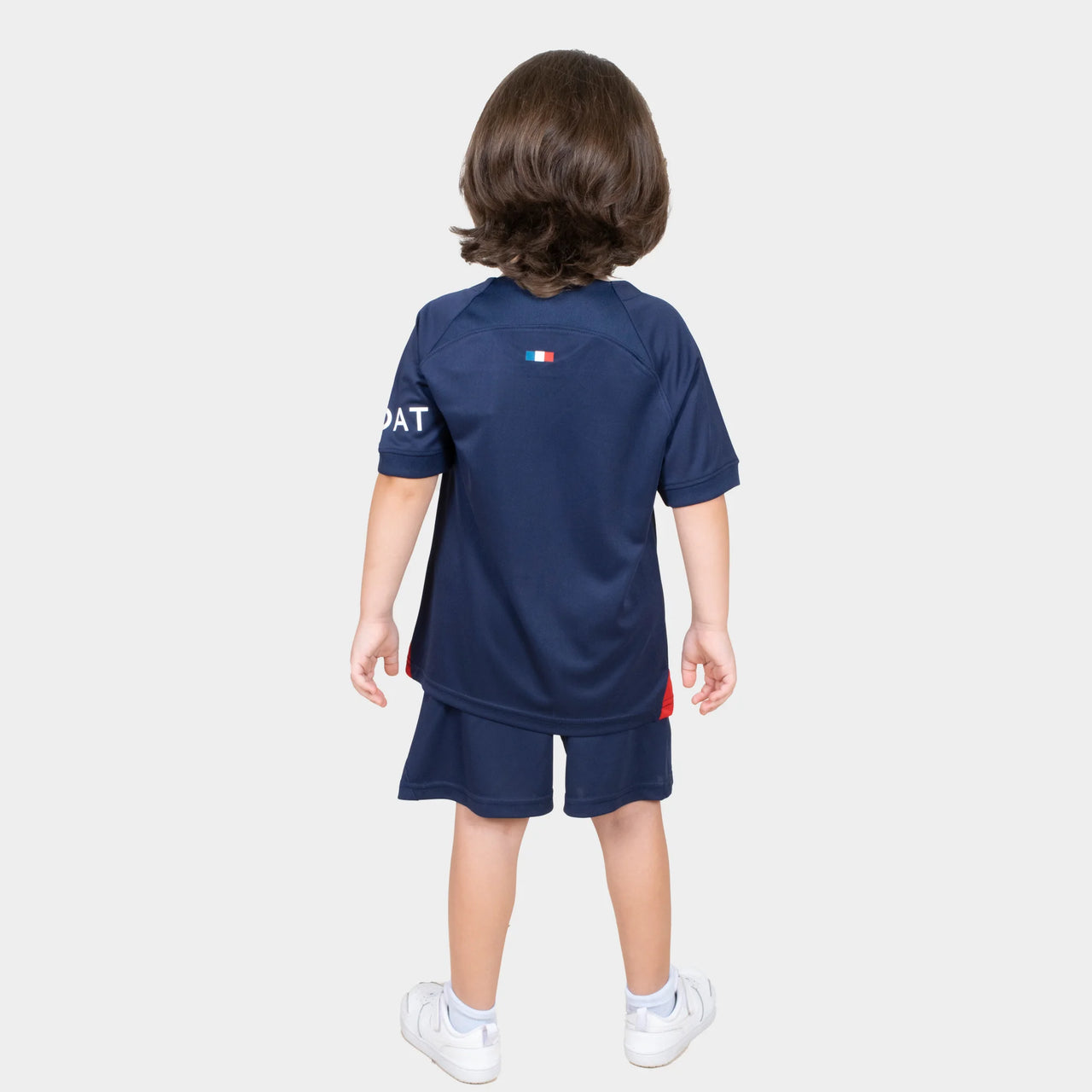 Paris Saint Germain Kids Kit Home Season 23/24 Designed By Mitani Store , Regular Fit Jersey Short Sleeves And V-Neck Collar In Dark Blue Color